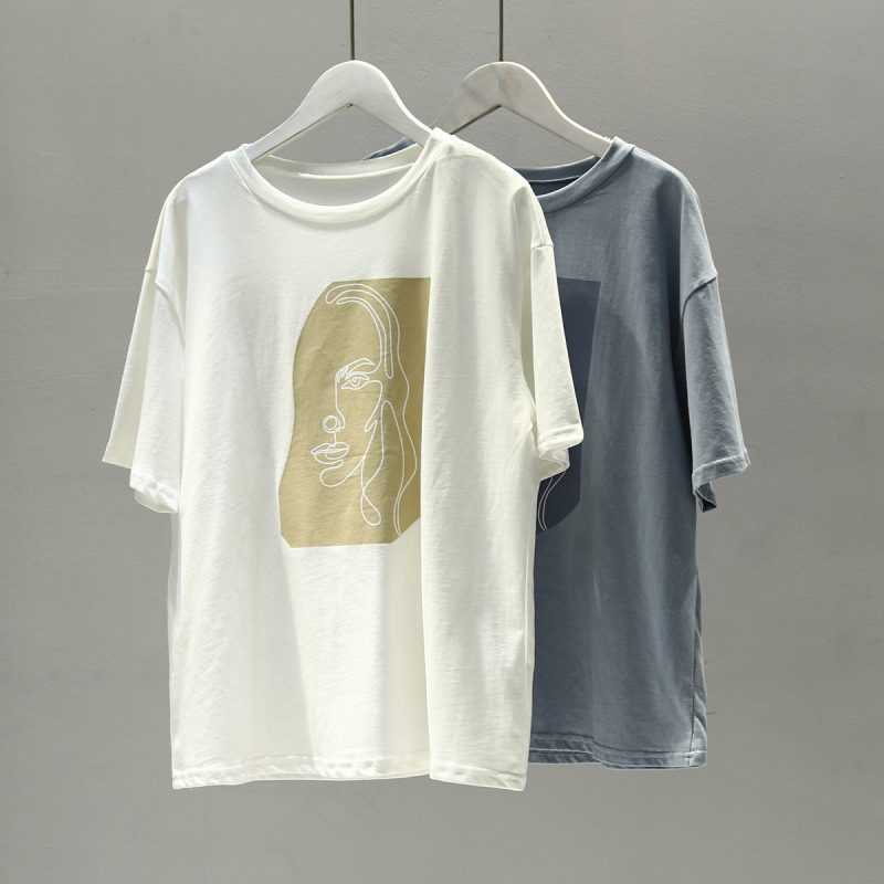 Abstract Character Printing Women Cotton Tops - Image 5