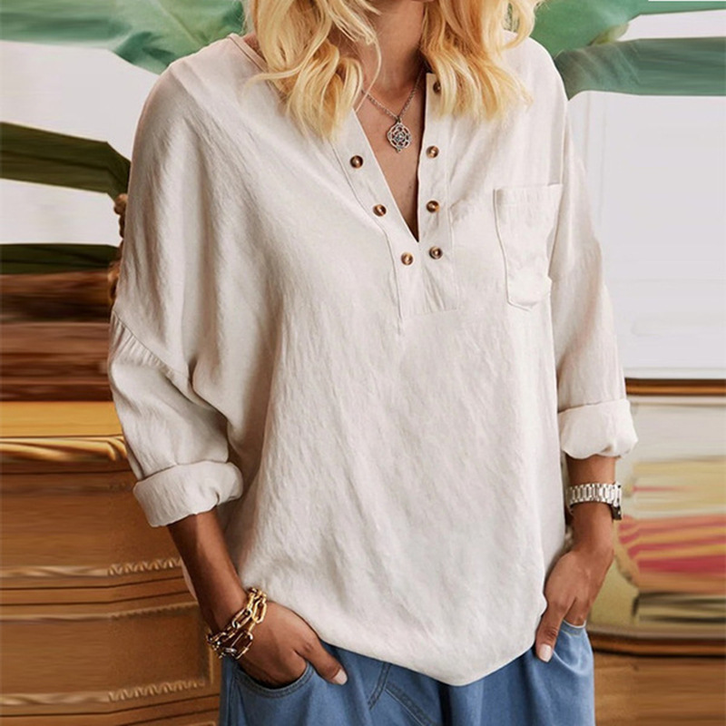 Womens Cotton Linen Long Sleeve Blouse