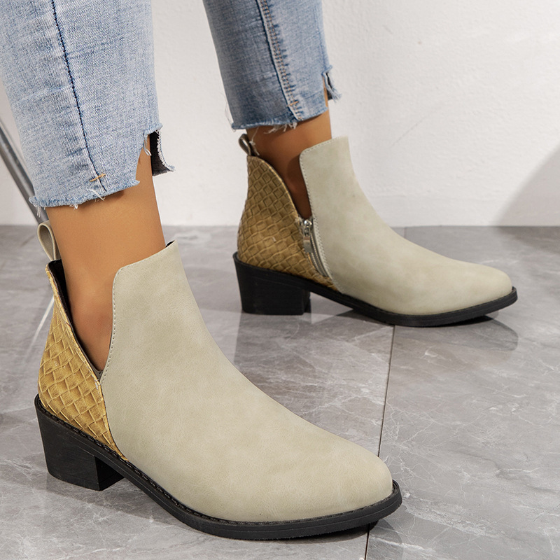 Printed V-Cut Pionted Toe Side Zipper Boots