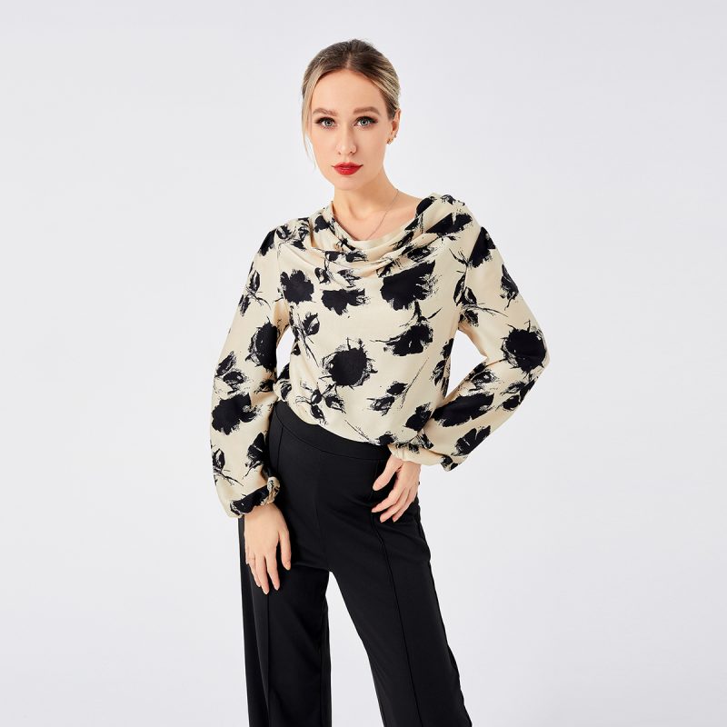 Elegant Front Drop Collar Print Blouse