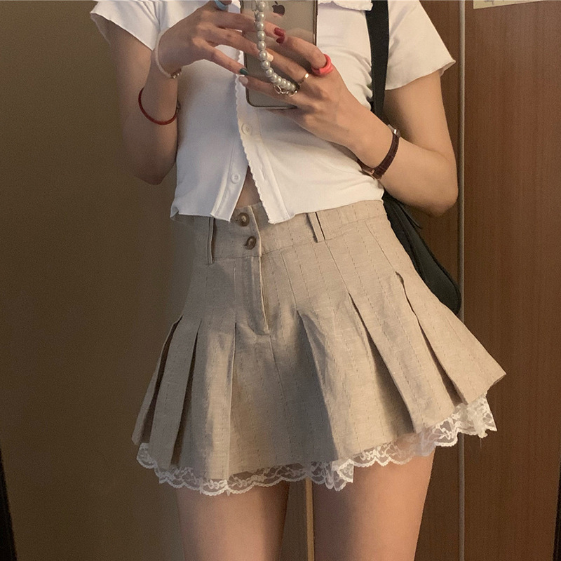 Lace Pleated Stitching Khaki Skirt