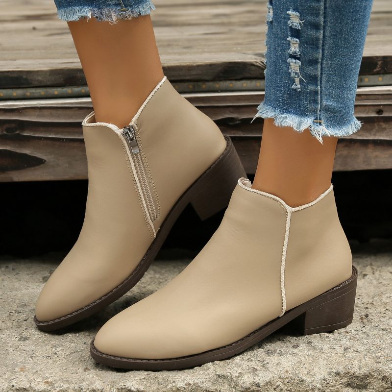 Women Mid Heel Waterproof Chunky Zipper Boots
