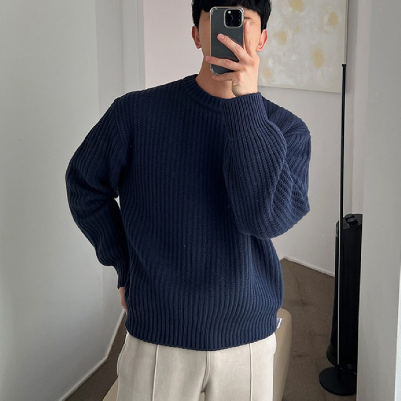 Solid Color Round Neck Knit Sweater For Men
