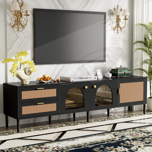 Rattan TV Stand With 3 Cabinets & 2 Drawers
