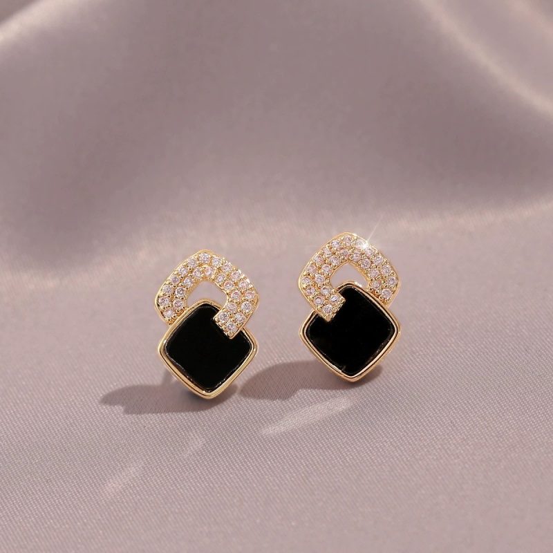 Cross Black Small Square Earrings