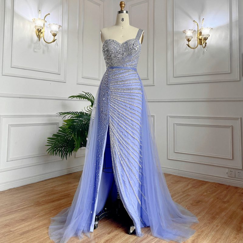 Handmade Fishtail Blue Beaded Split Shoulder Dress - Image 3
