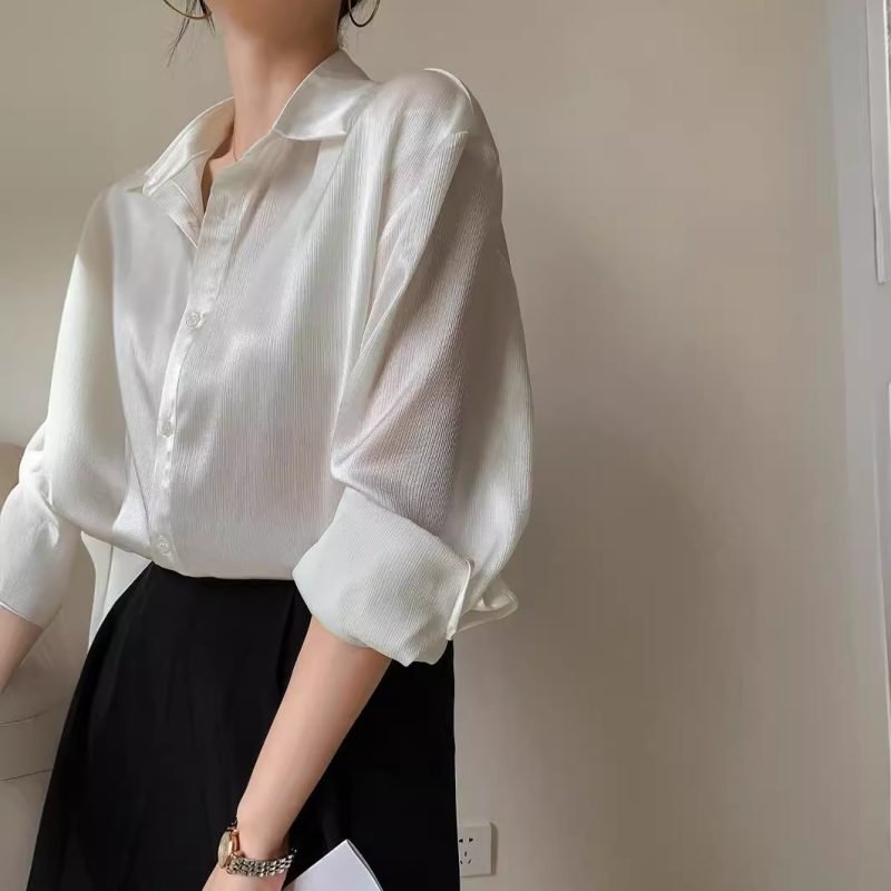 White Texture Satin Shirt For Women - Image 2