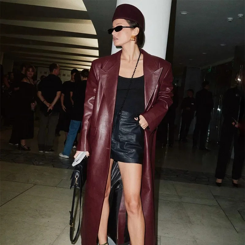 Elegant Retro Wine Red Jacket Trench Coat