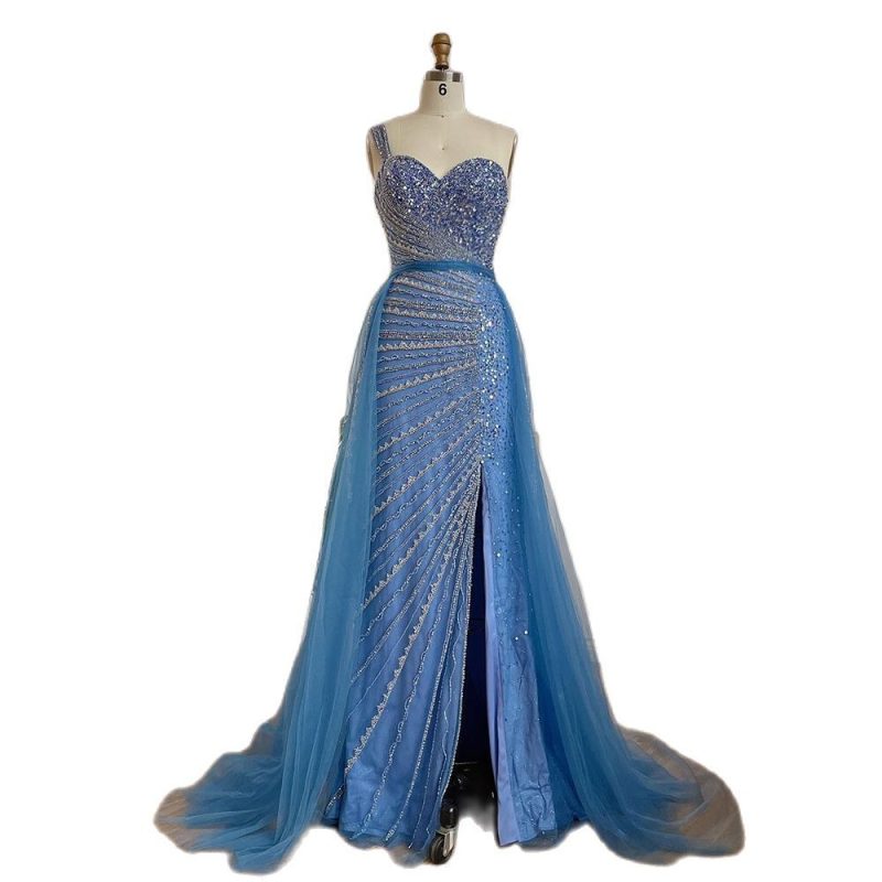 Handmade Fishtail Blue Beaded Split Shoulder Dress - Image 2