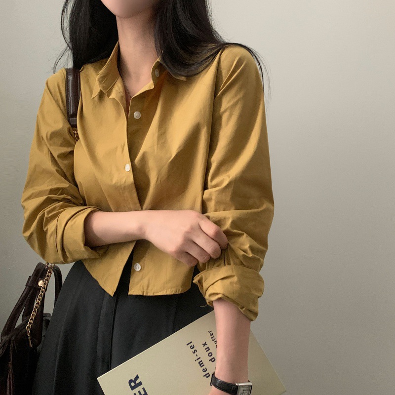 Plain Color Turn-down Collar Sleeve Shirt