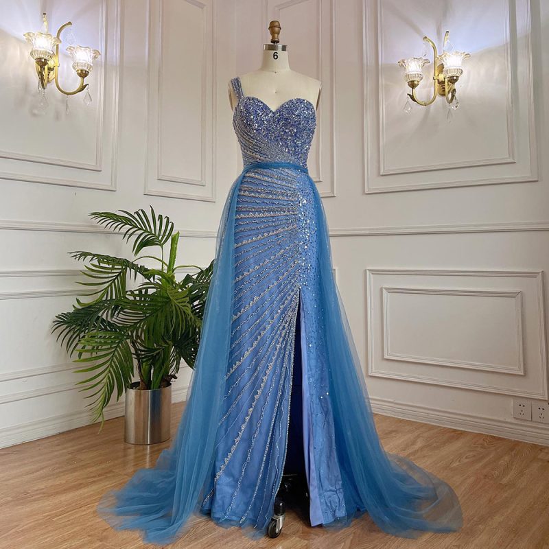 Handmade Fishtail Blue Beaded Split Shoulder Dress - Image 7