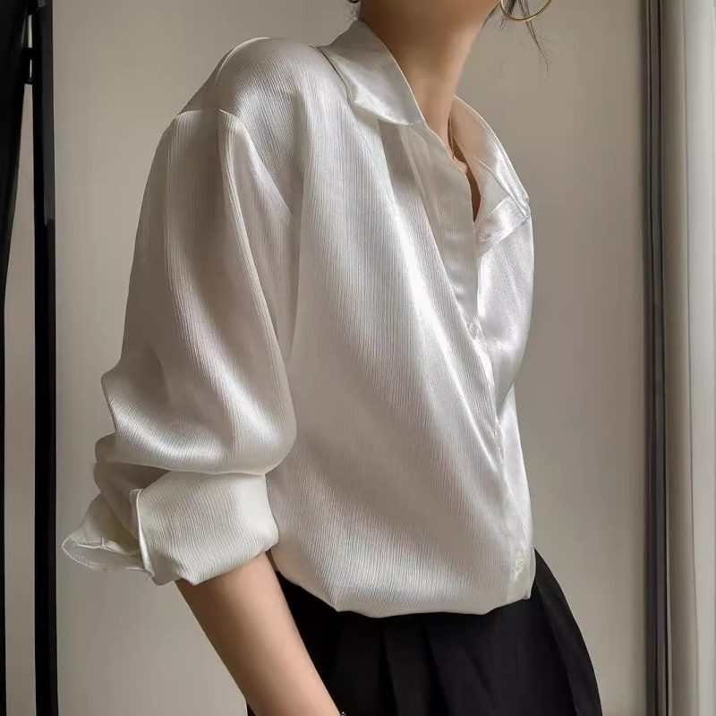 White Texture Satin Shirt For Women - Image 5