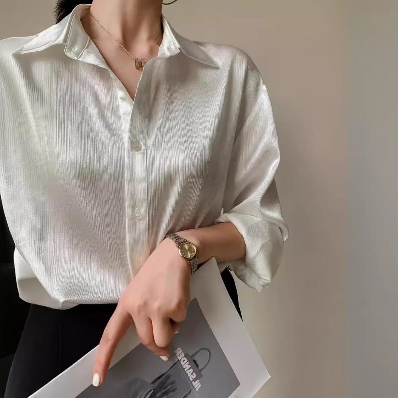 White Texture Satin Shirt For Women - Image 3