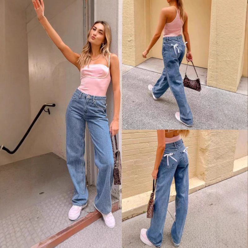 High Waist Bow Straight-Leg Denim Jean