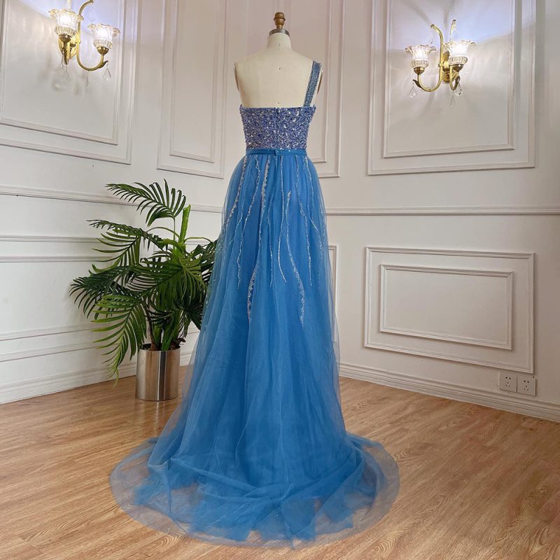Handmade Fishtail Blue Beaded Split Shoulder Dress - Image 5