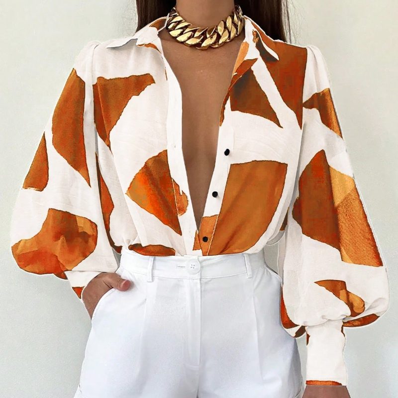 Women's Long Sleeve Printed Blouse With Collar
