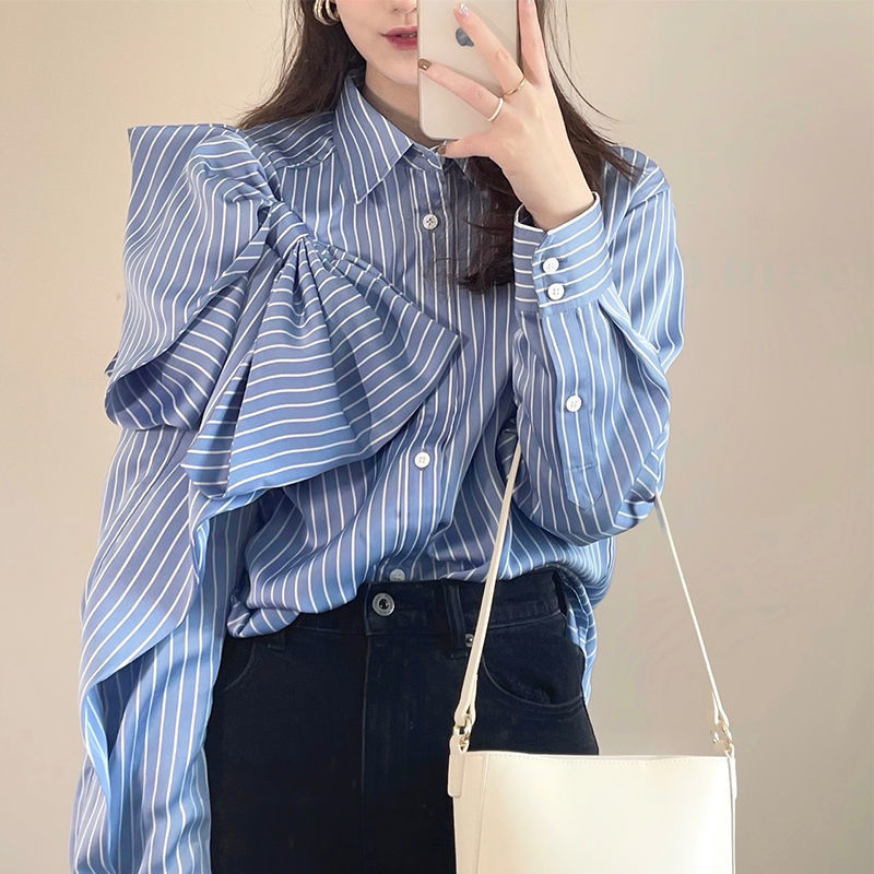 Casual Long Sleeve Blue Striped Shirts