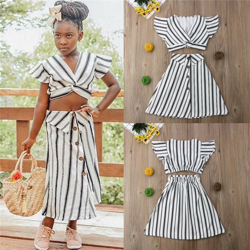 Striped Sleeveless Short Top And Long Skirt Suit