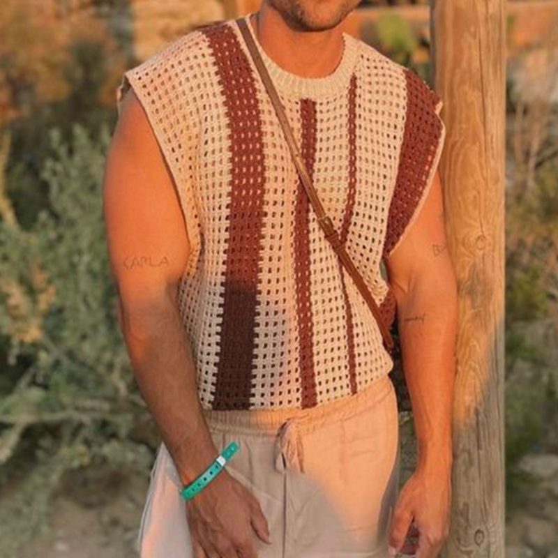 Men Striped Hollow Knitted T-shirt - Image 3