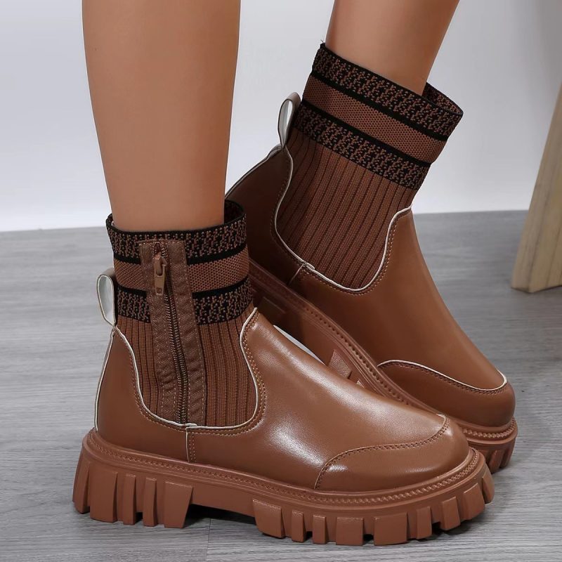 Non-slip Thick Patchwork Sole Boots With Zipper - Image 5