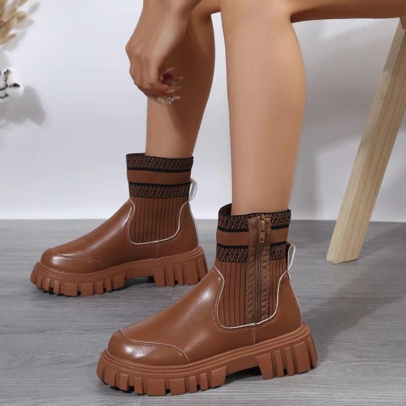 Non-slip Thick Patchwork Sole Boots With Zipper - Image 4