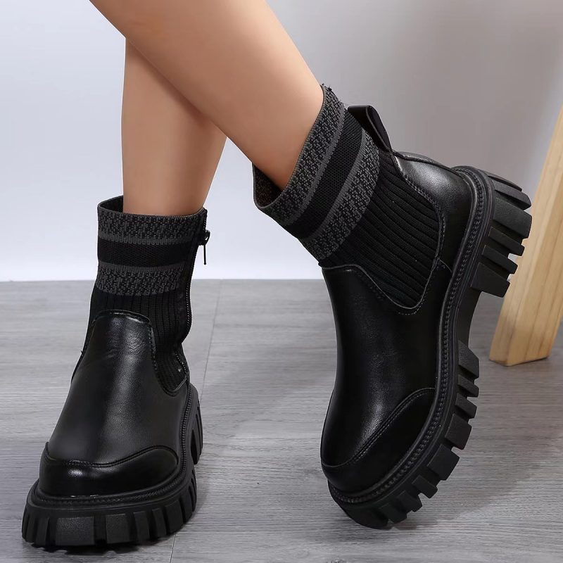 Non-slip Thick Patchwork Sole Boots With Zipper - Image 2