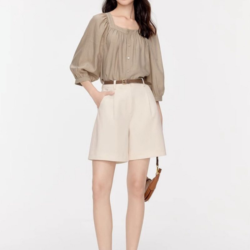 Square Collar Retro Pleating Shirt For Women