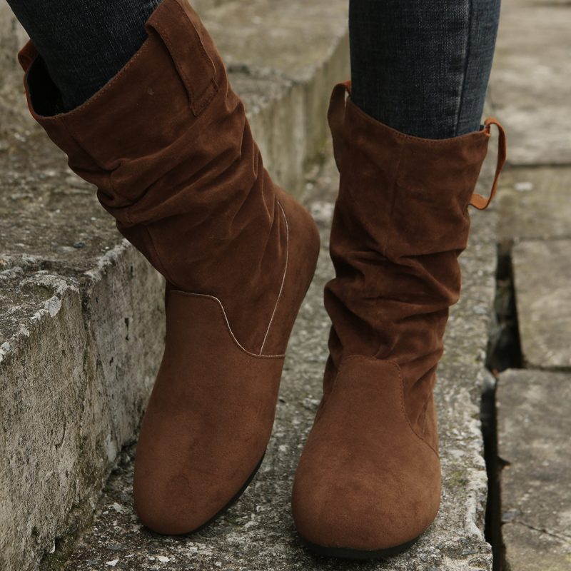 Solid Color Suede Round Toe Flat Boot - Image 8
