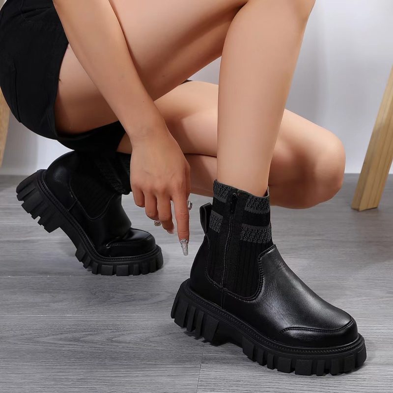 Non-slip Thick Patchwork Sole Boots With Zipper - Image 6