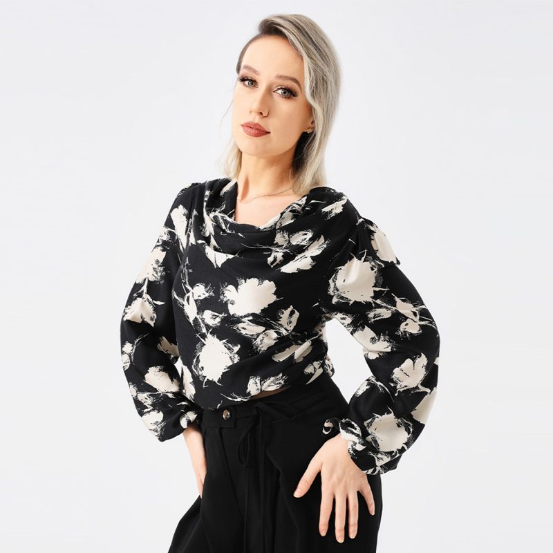 Elegant Front Drop Collar Print Blouse - Image 8