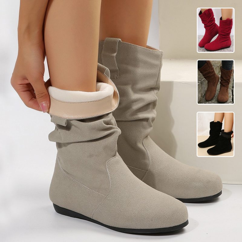 Solid Color Suede Round Toe Flat Boot