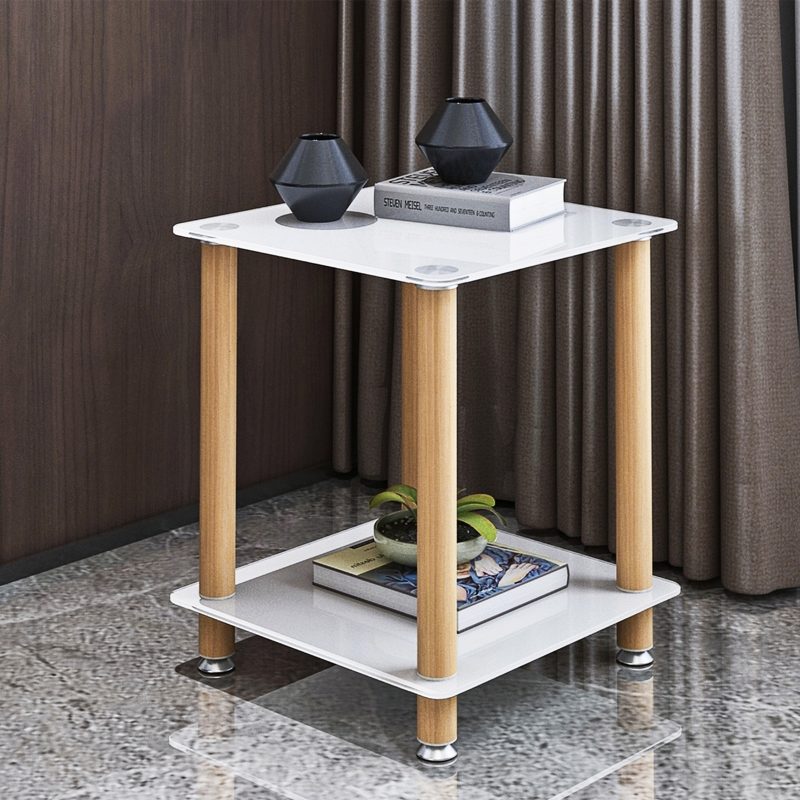 2-Tier Modern White Oak Sofa Side Table