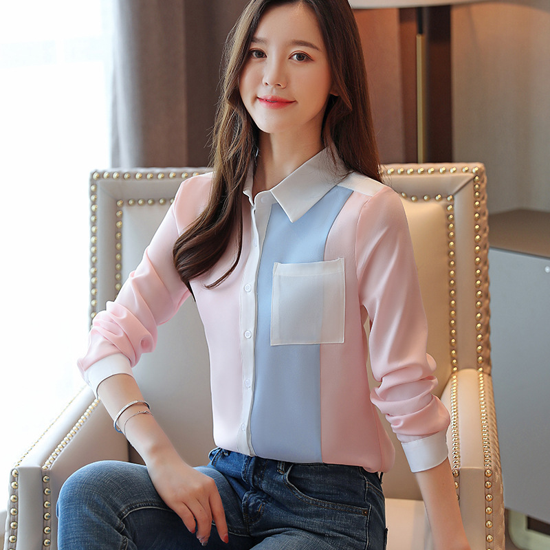Loose Chiffon Pink Blue Style Blouse