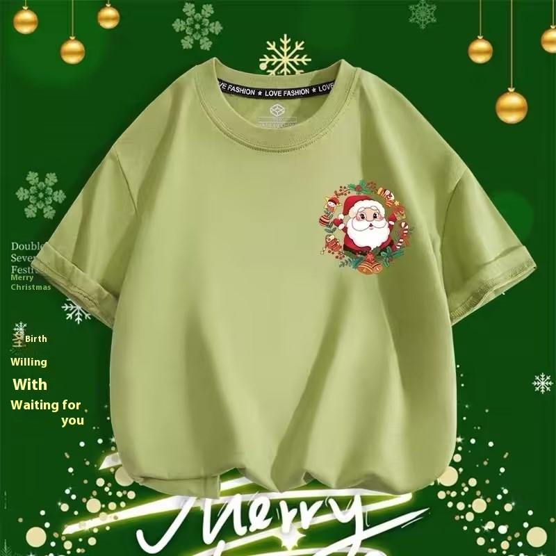 Short-sleeved Green Santa Claus Cotton T-shirt