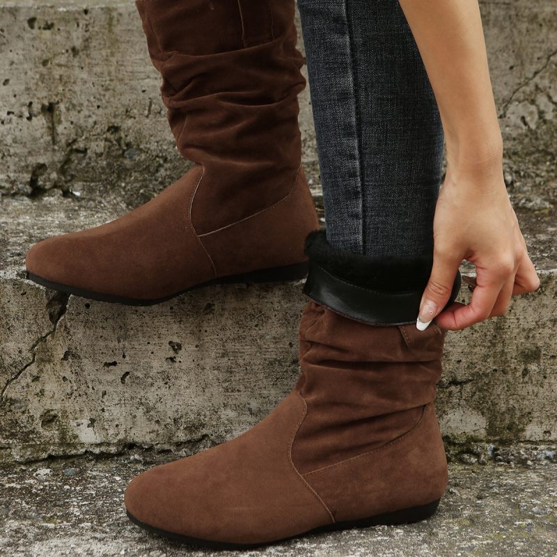 Solid Color Suede Round Toe Flat Boot - Image 3