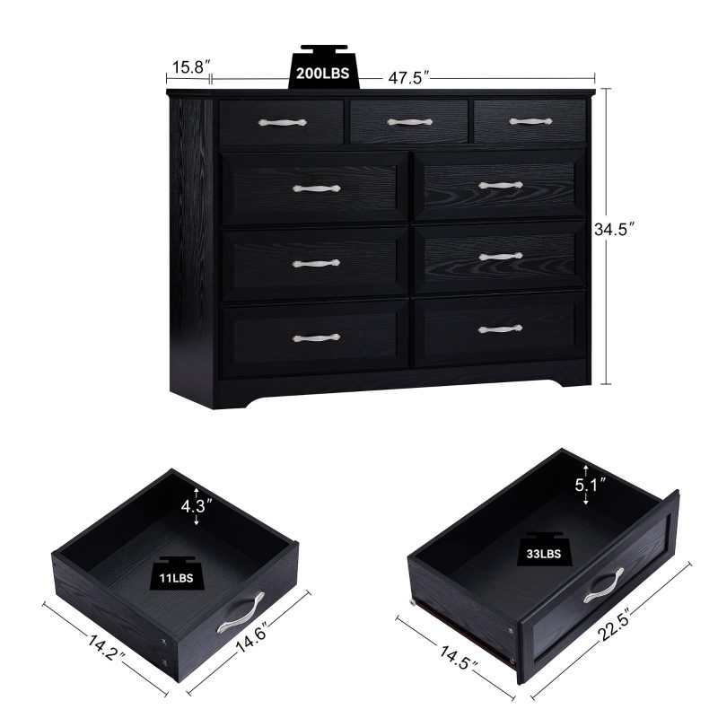 9 Drawer Long Wood Dresser With Antique Handles - Image 7