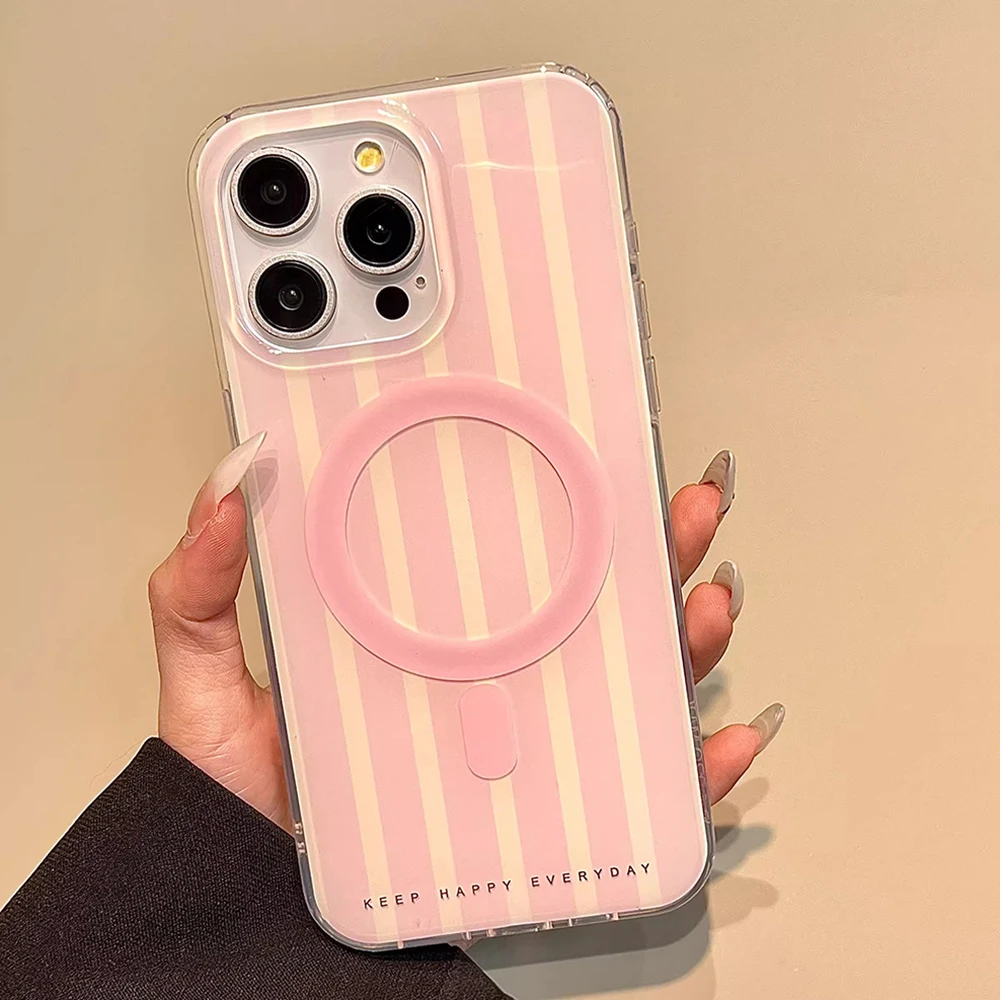 3D Cute Pink Stripes Magnetic Grip Phone Case for IPhone