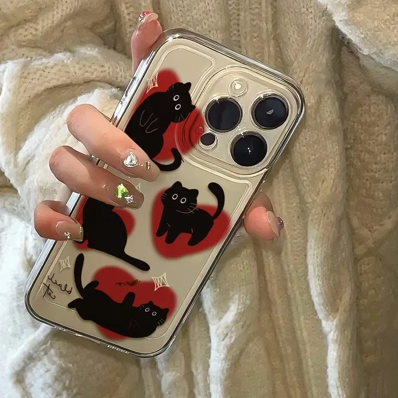 Ins Lovely Heart Black Cat Phone Case For iPhone