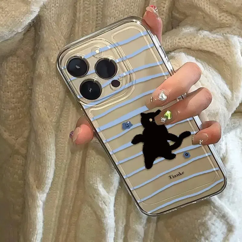 Ins Striped Black Cat Phone Case for iPhone