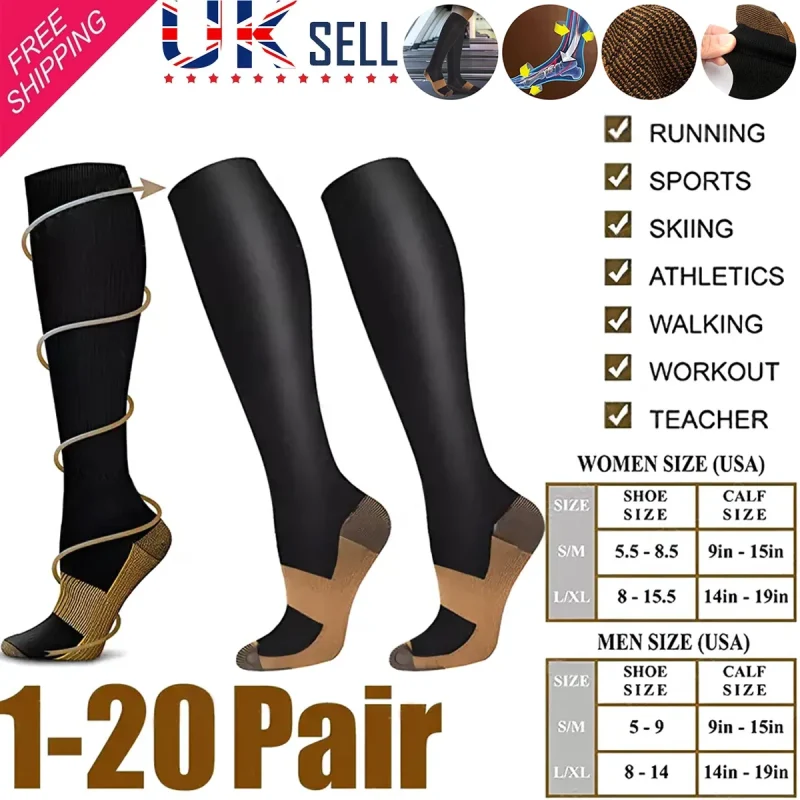 1–20 Pairs Copper Compression Socks – 20-30mmHg Knee High Sports Support
