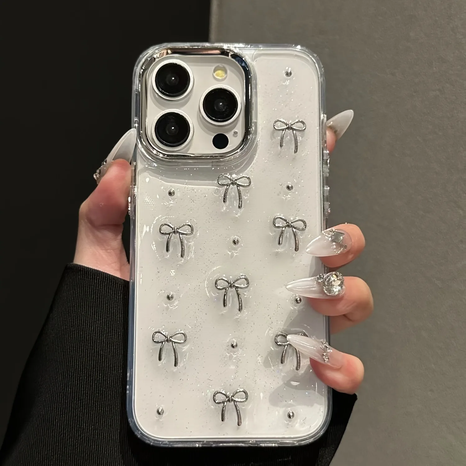 3D Silver Bow Epoxy Glitter Beads Case