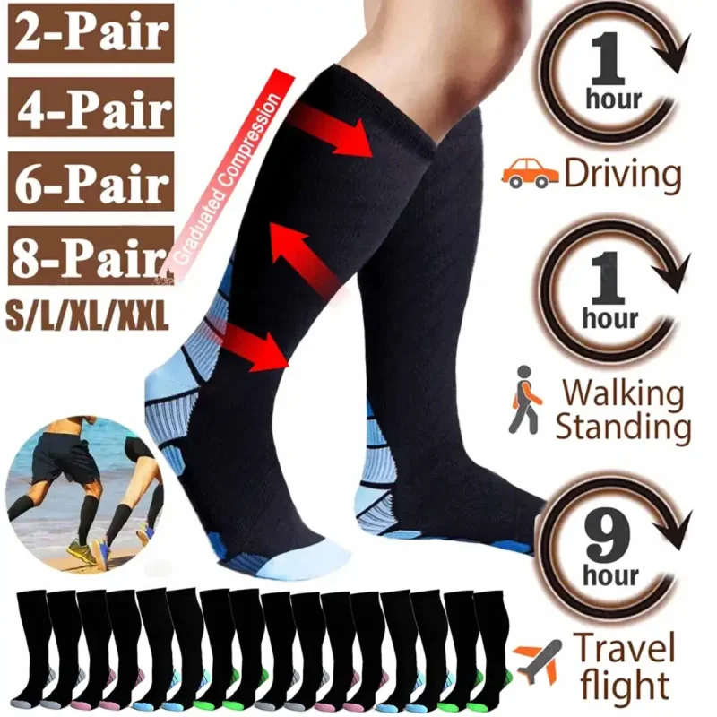 2/3/4/5/8 Pairs Compression Socks – Men & Women Anti-Fatigue Varicose Vein Support
