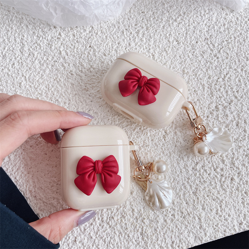Wireless Earphone Beige Red Bow Pendant Case - Image 6