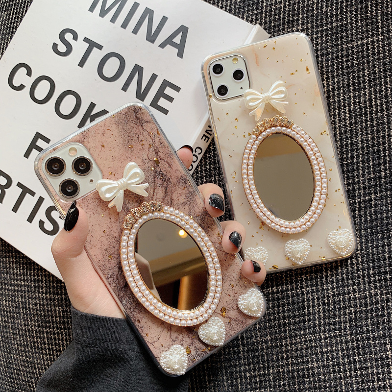 Marble Bowknot Rhinestone Mirror Phone Case