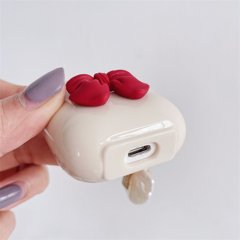 Wireless Earphone Beige Red Bow Pendant Case - Image 3