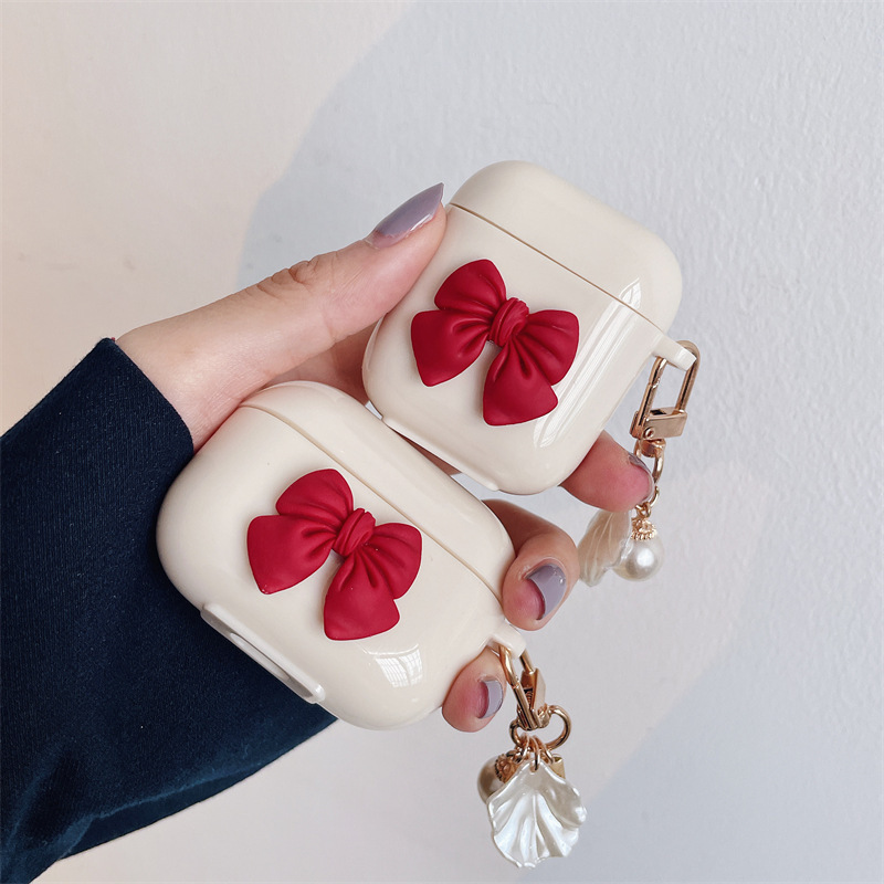 Wireless Earphone Beige Red Bow Pendant Case