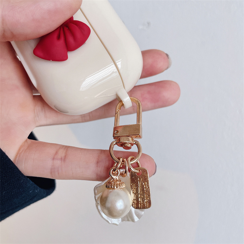Wireless Earphone Beige Red Bow Pendant Case - Image 2