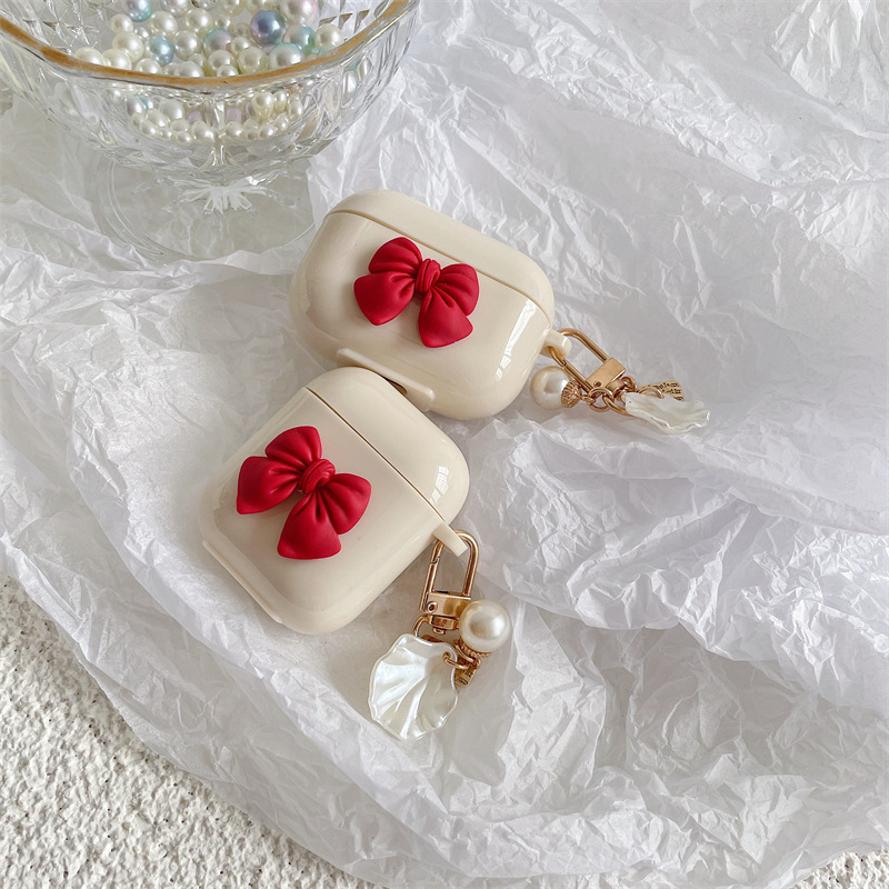 Wireless Earphone Beige Red Bow Pendant Case - Image 4