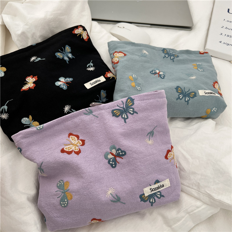 Azure Butterfly Embroidered Cosmetic Bag