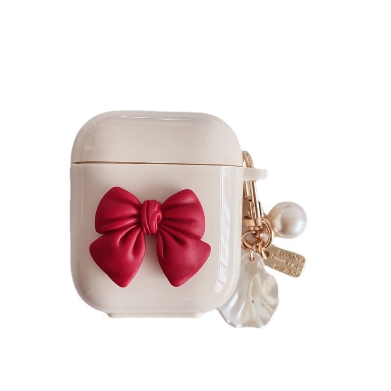 Wireless Earphone Beige Red Bow Pendant Case - Image 5